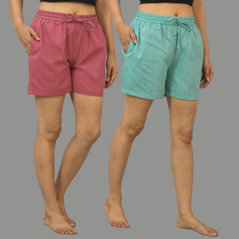 Combo of 2 Cyan and Dark Pink Cotton Women Shorts-10536