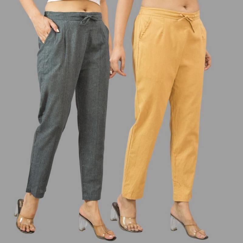 Combo of 2 Dark Gray and Beige Cotton Flax Women Trouser Pants-11414