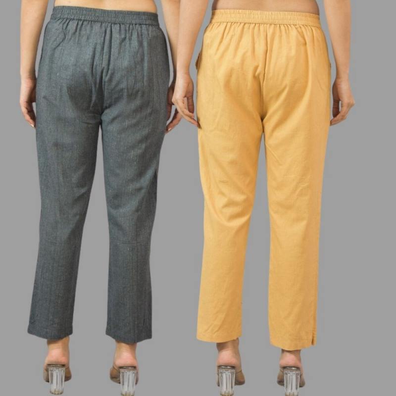 Combo of 2 Dark Gray and Beige Cotton Flax Women Trouser Pants-11414