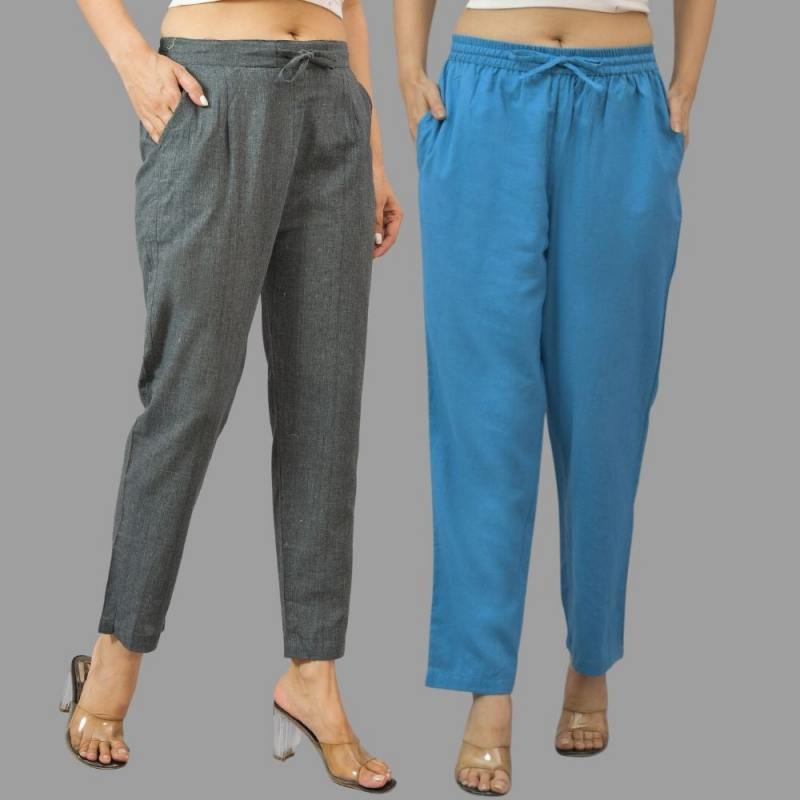 Combo of 2 Dark Gray and Blue Cotton Flax Women Trouser Pants-11426