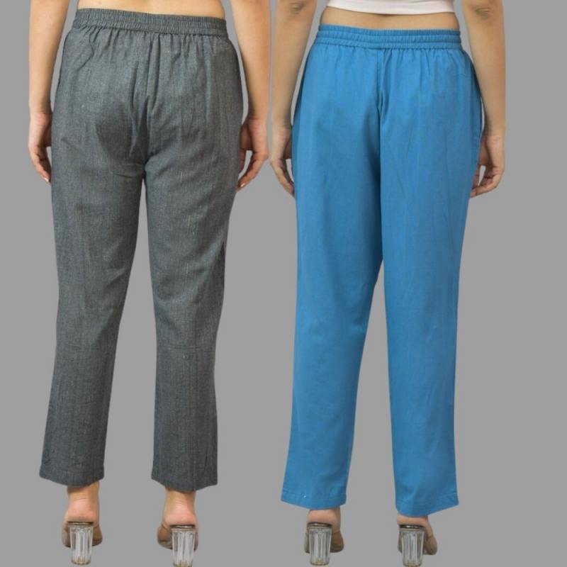 Combo of 2 Dark Gray and Blue Cotton Flax Women Trouser Pants-11426