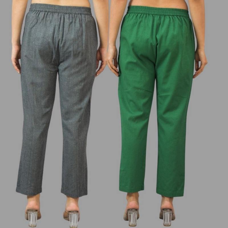 Combo of 2 Dark Gray and Bottle Green Cotton Flax Women Trouser Pants-11415