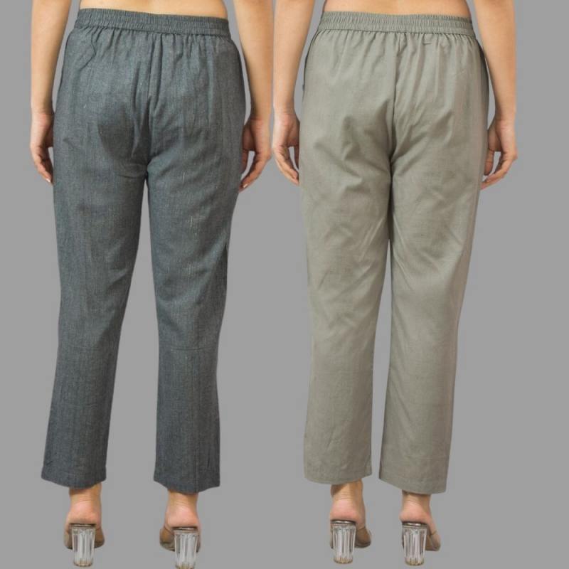 Combo of 2 Dark Gray and Gray Cotton Flax Women Trouser Pants-11418