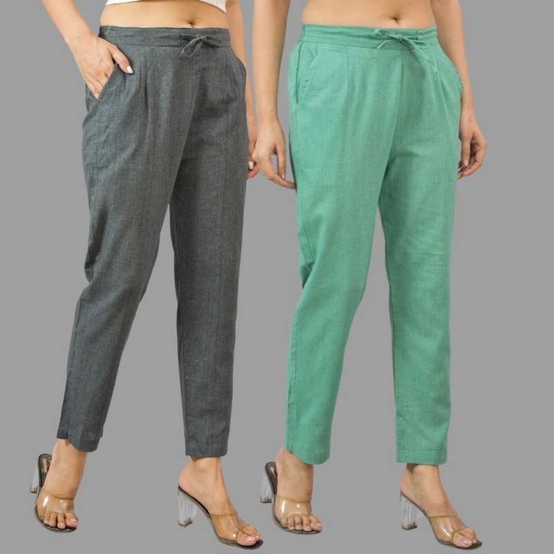 Combo of 2 Dark Gray and Green Cotton Flax Women Trouser Pants-11417