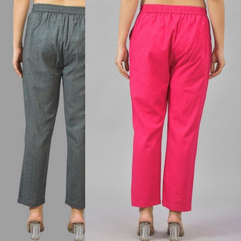 Combo of 2 Dark Gray and Magenta Pink Cotton Flax Women Trouser Pants-11420