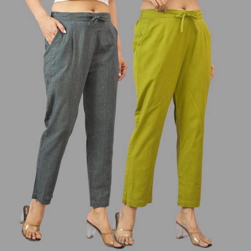 Combo of 2 Dark Gray and Olive Green Cotton Flax Women Trouser Pants-11422