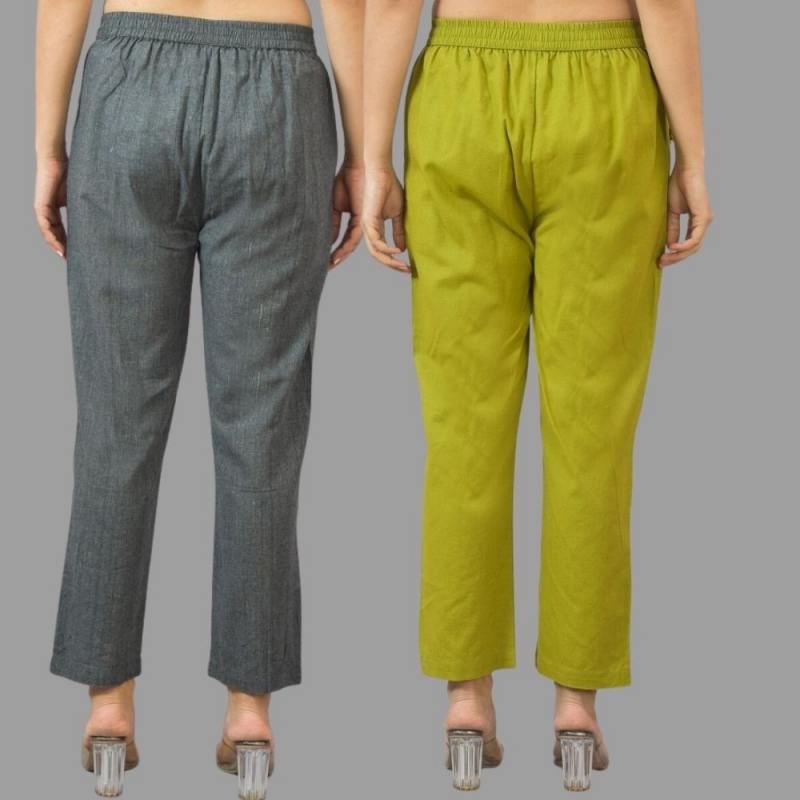 Combo of 2 Dark Gray and Olive Green Cotton Flax Women Trouser Pants-11422