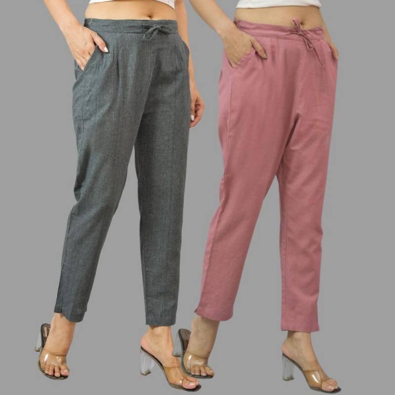 Combo of 2 Dark Gray and Pink Cotton Flax Women Trouser Pants-11423