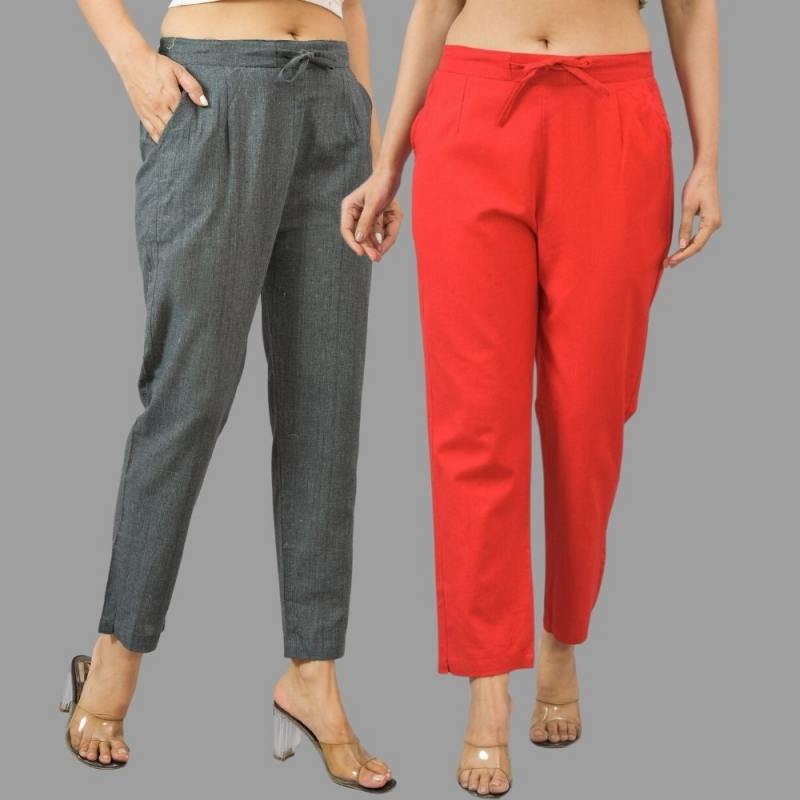 Combo of 2 Dark Gray and Red Cotton Flax Women Trouser Pants-11424