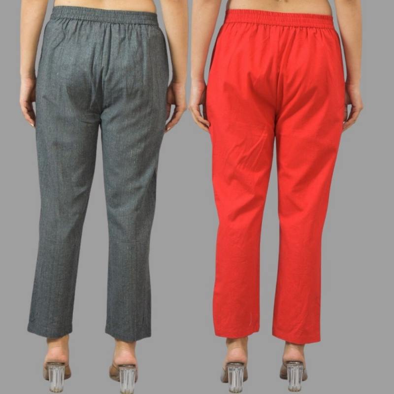 Combo of 2 Dark Gray and Red Cotton Flax Women Trouser Pants-11424