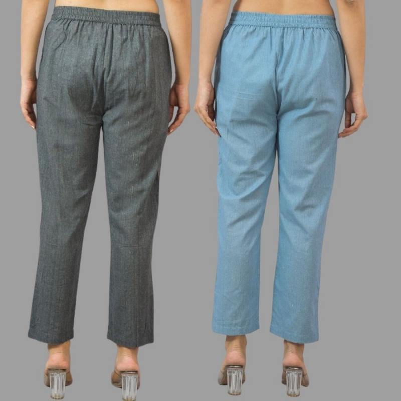 Combo of 2 Dark Gray and Sky Blue Cotton Flax Women Trouser Pants-11425