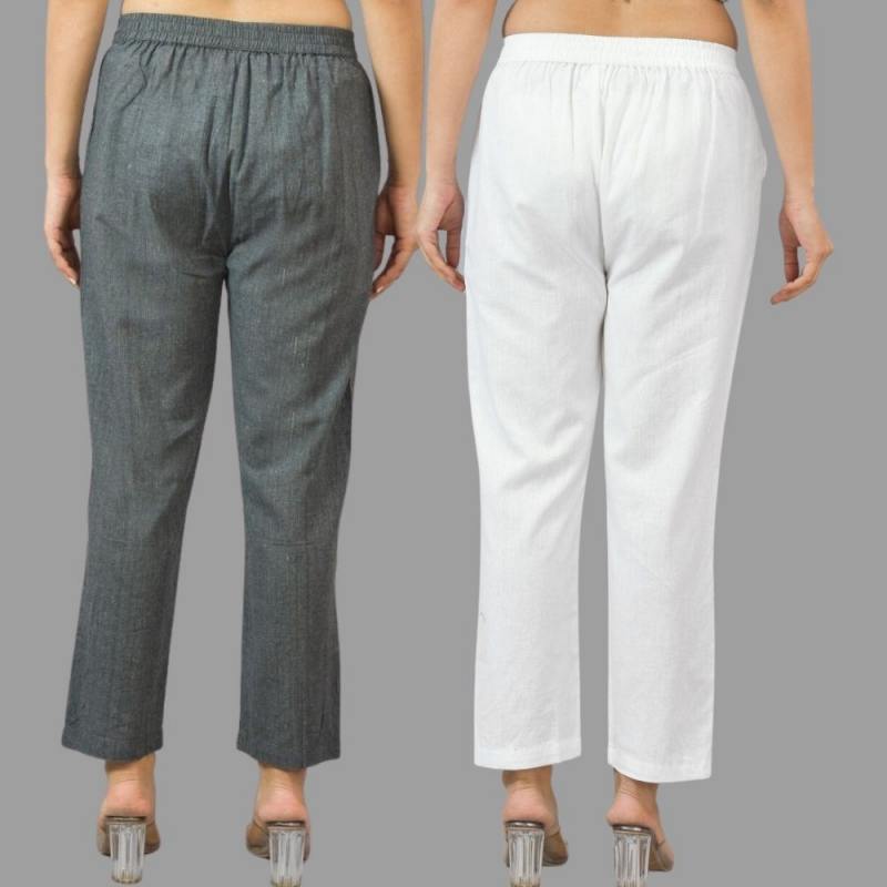 Combo of 2 Dark Gray and White Cotton Flax Women Trouser Pants-11427