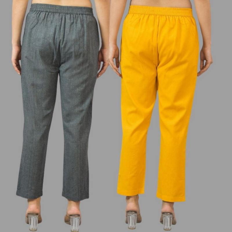 Combo of 2 Dark Gray and Yellow Cotton Flax Women Trouser Pants-11428