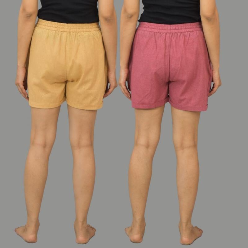 Combo of 2 Dark Pink and Beige Cotton Women Shorts-10524
