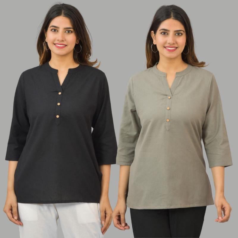 Combo of 2 Gray and Black Cotton Flax Women Top-10430