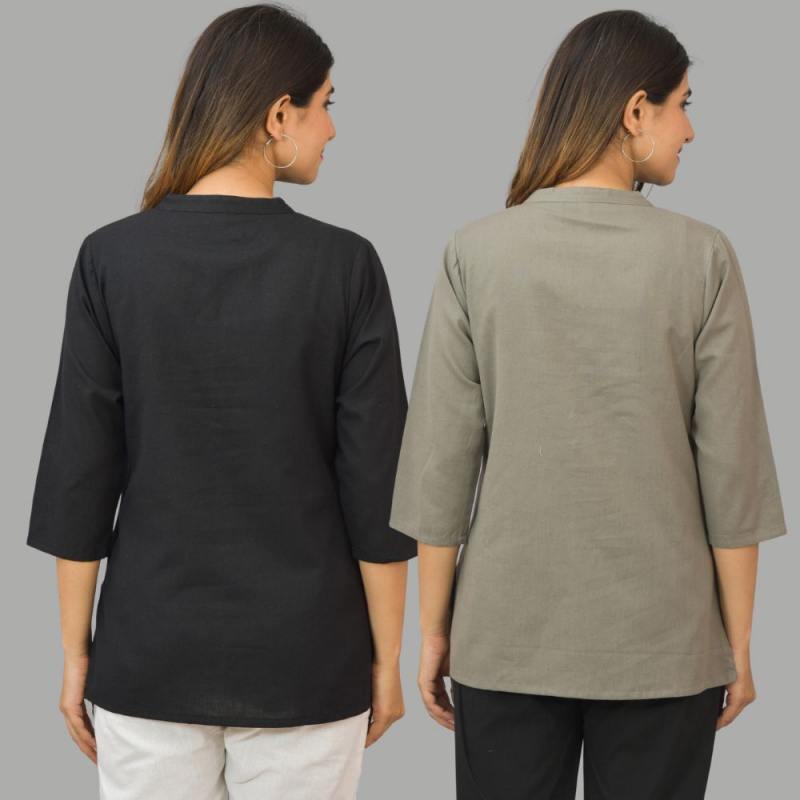 Combo of 2 Gray and Black Cotton Flax Women Top-10430