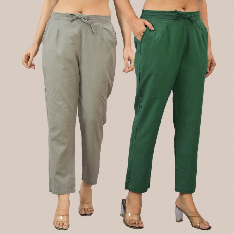 Combo of 2 Gray and Bottle Green Cotton Flax Women Trouser Pant-10339