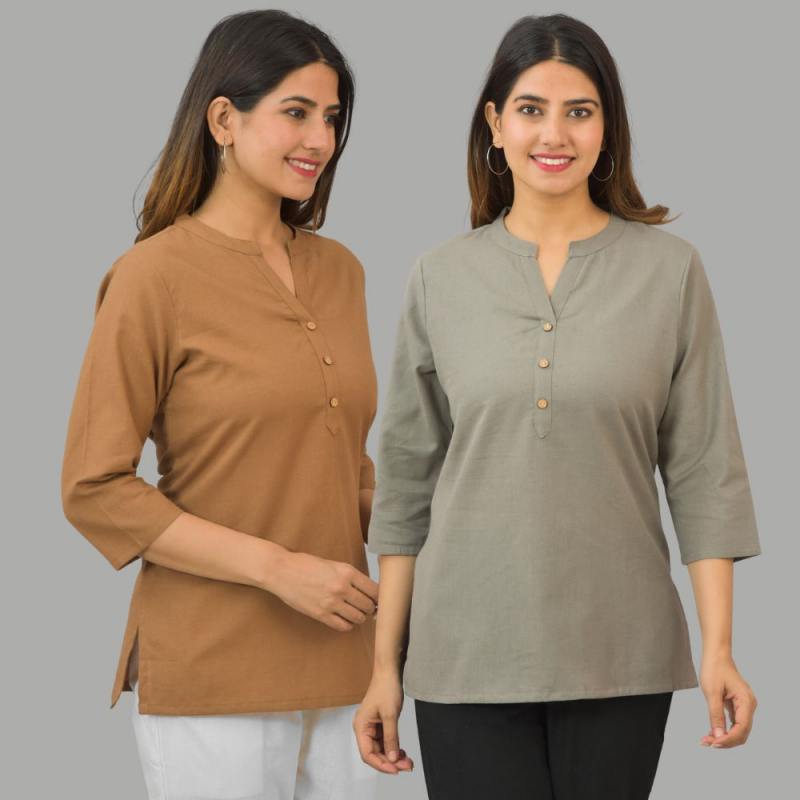 Combo of 2 Gray and Brown Cotton Flax Women Top-10435