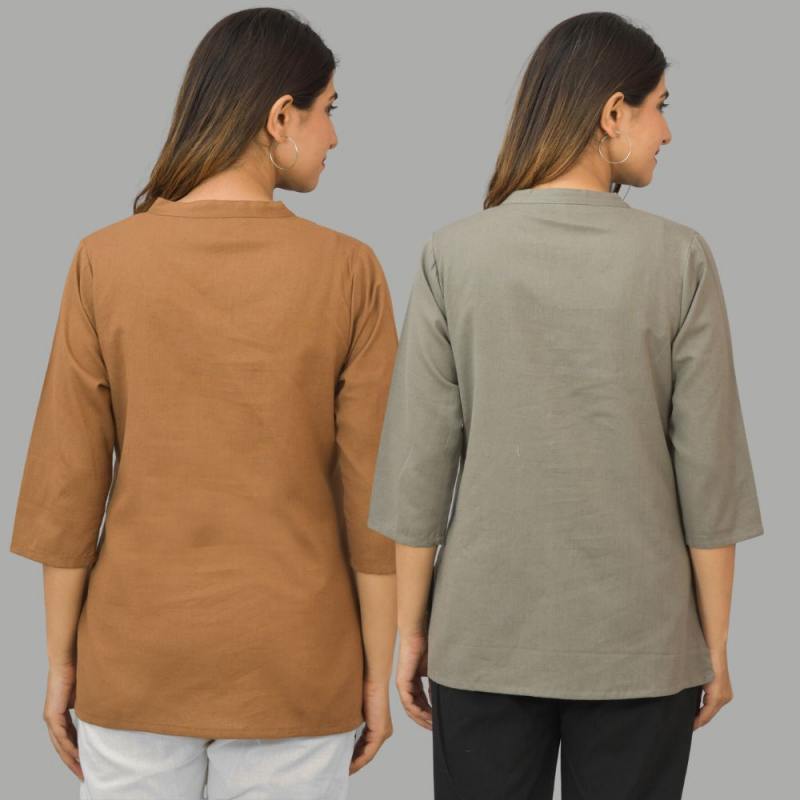 Combo of 2 Gray and Brown Cotton Flax Women Top-10435