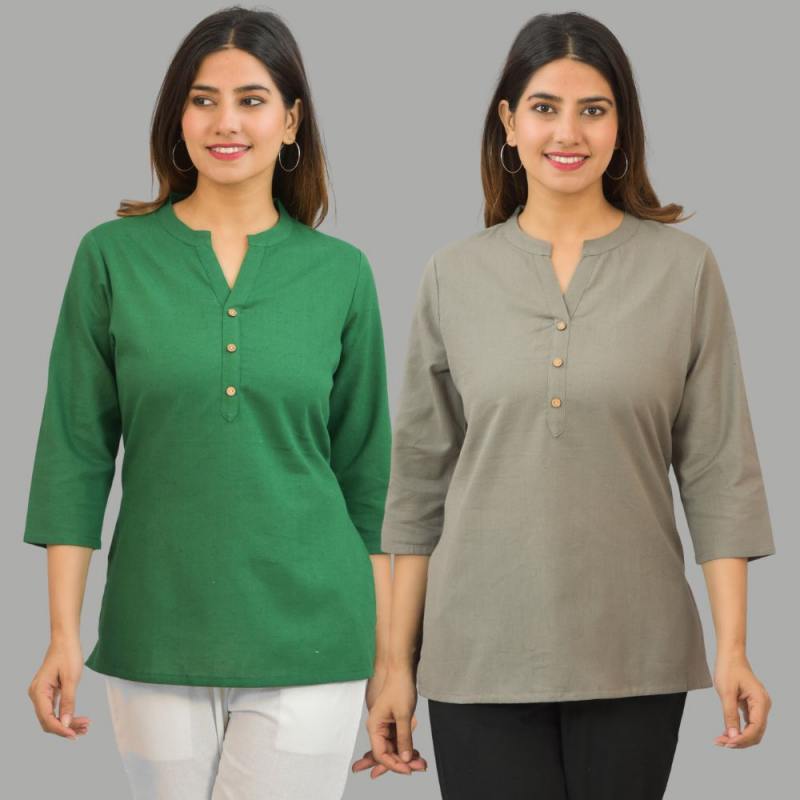 Combo of 2 Gray and Green Cotton Flax Women Top-10417