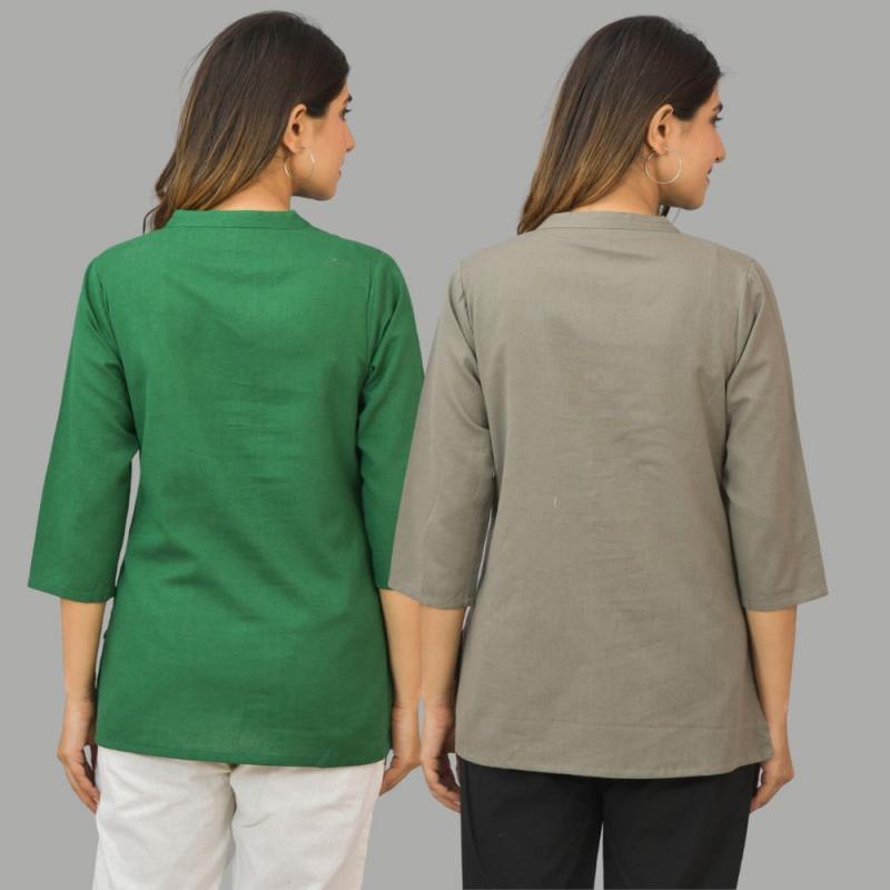 Combo of 2 Gray and Green Cotton Flax Women Top-10417