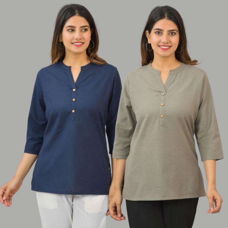 Combo of 2 Gray and Navy Blue Cotton Flax Women Top-10424