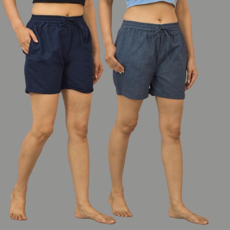 Combo of 2 Gray and Navy Blue Cotton Women Shorts-10573