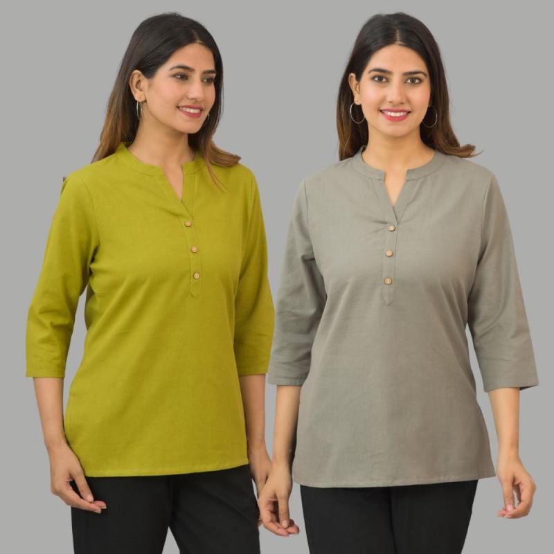 Combo of 2 Gray and Olive Green Cotton Flax Women Top-10442