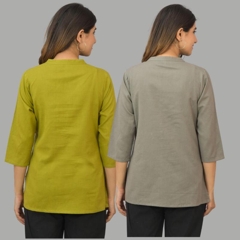 Combo of 2 Gray and Olive Green Cotton Flax Women Top-10442