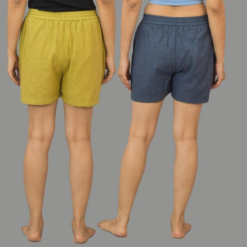 Combo of 2 Gray and Olive Green Cotton Women Shorts-10580
