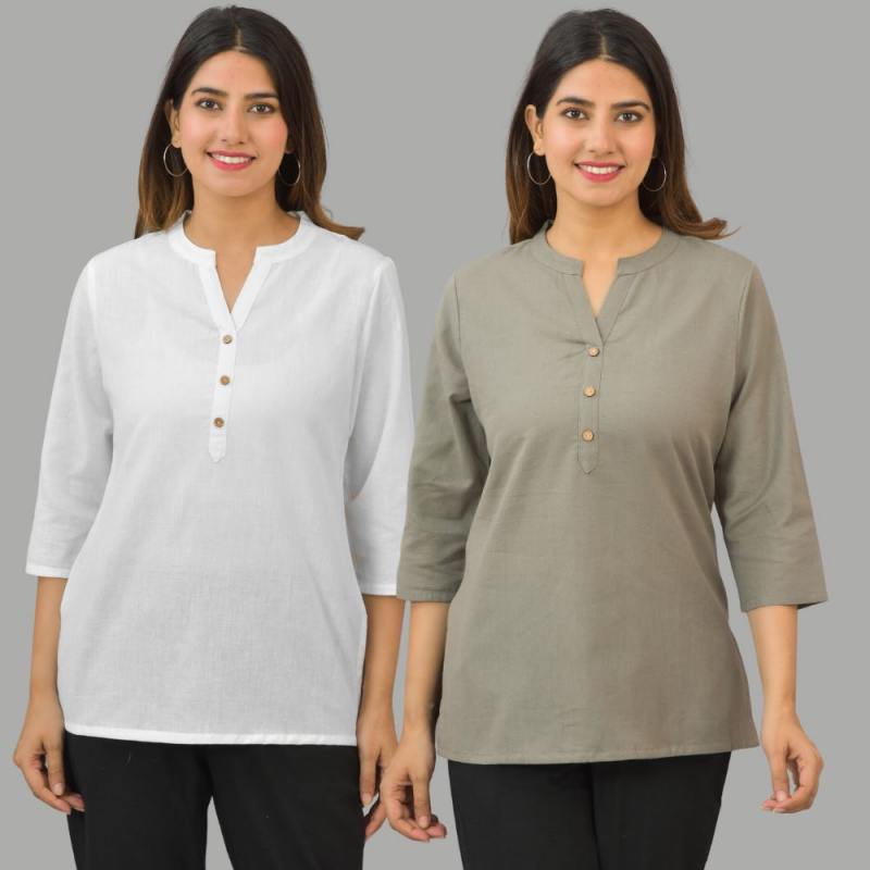 Combo of 2 Gray and White Cotton Flax Women Top-10445