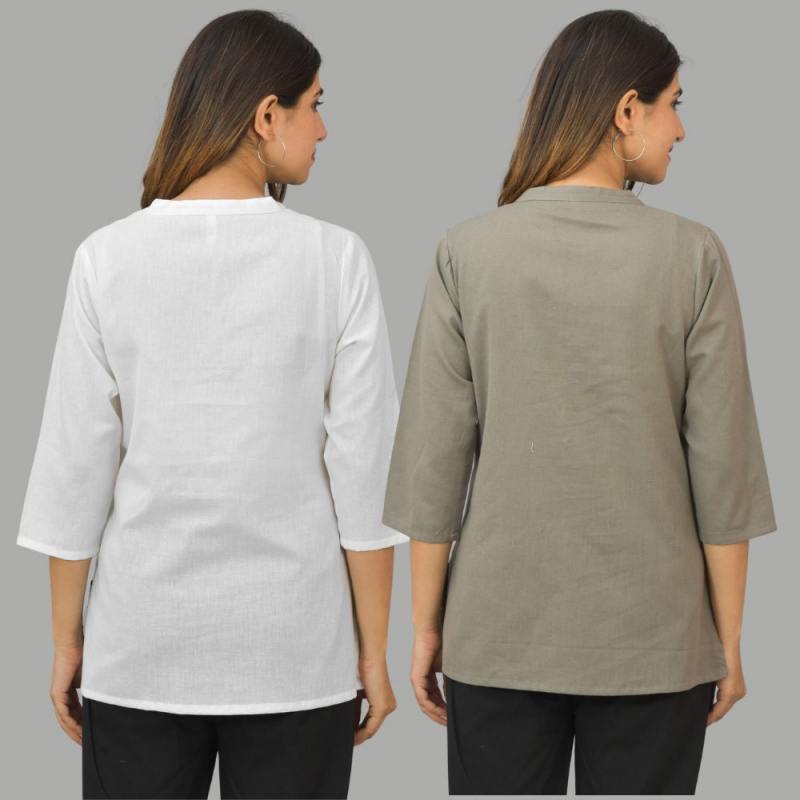 Combo of 2 Gray and White Cotton Flax Women Top-10445