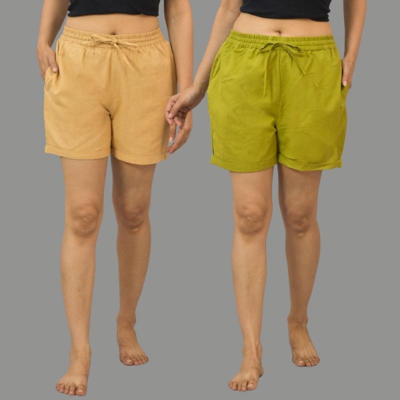 Combo of 2 Green and Beige Cotton Women Shorts-10530