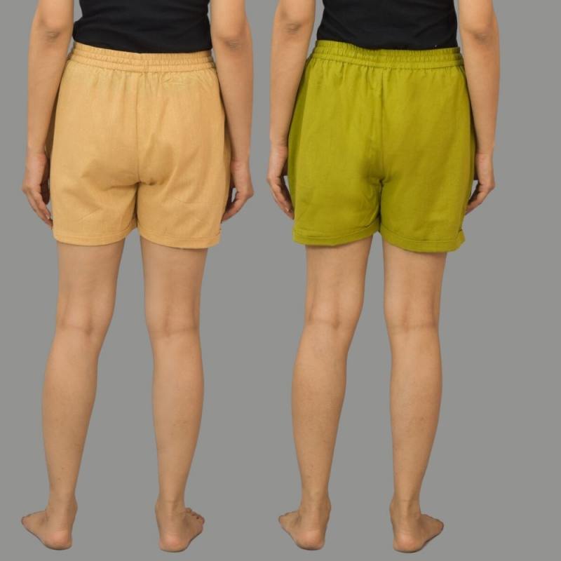 Combo of 2 Green and Beige Cotton Women Shorts-10530