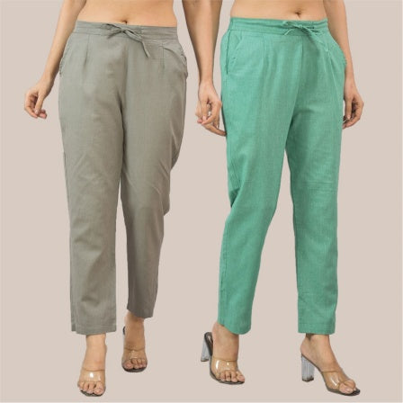 Combo of 2 Green and Gray Cotton Flax Women Trouser Pant-10359