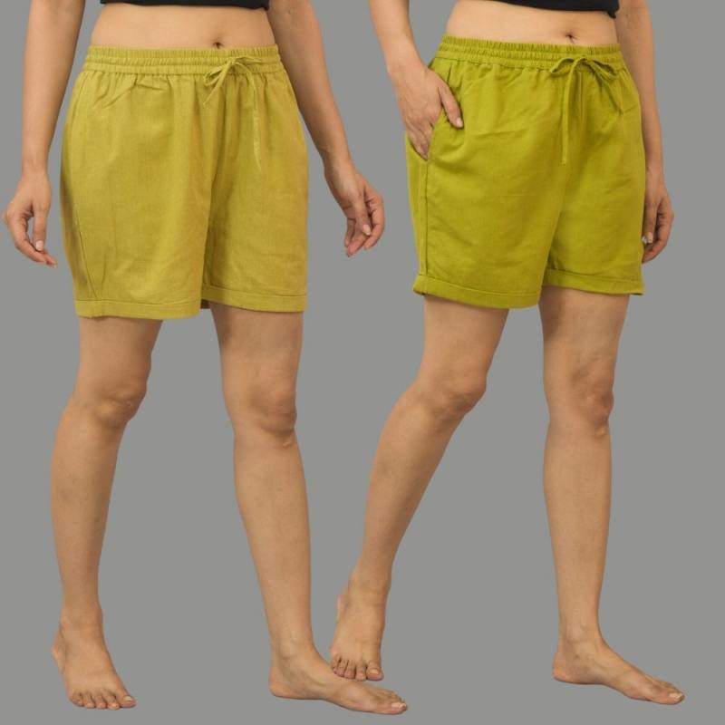 Combo of 2 Green and Olive Green Cotton Women Shorts-10575