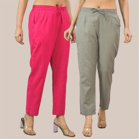 Combo of 2 Magenta Pink and Gray Cotton Flax Women Trouser Pant-10360