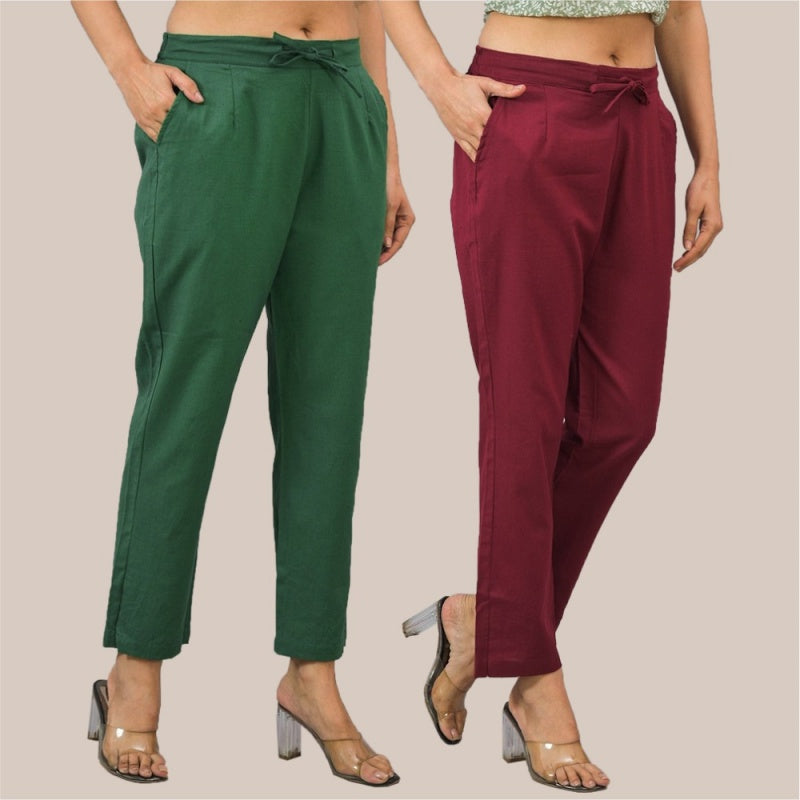 Combo of 2 Maroon and Bottle Green Cotton Flax Women Trouser Pant-10342