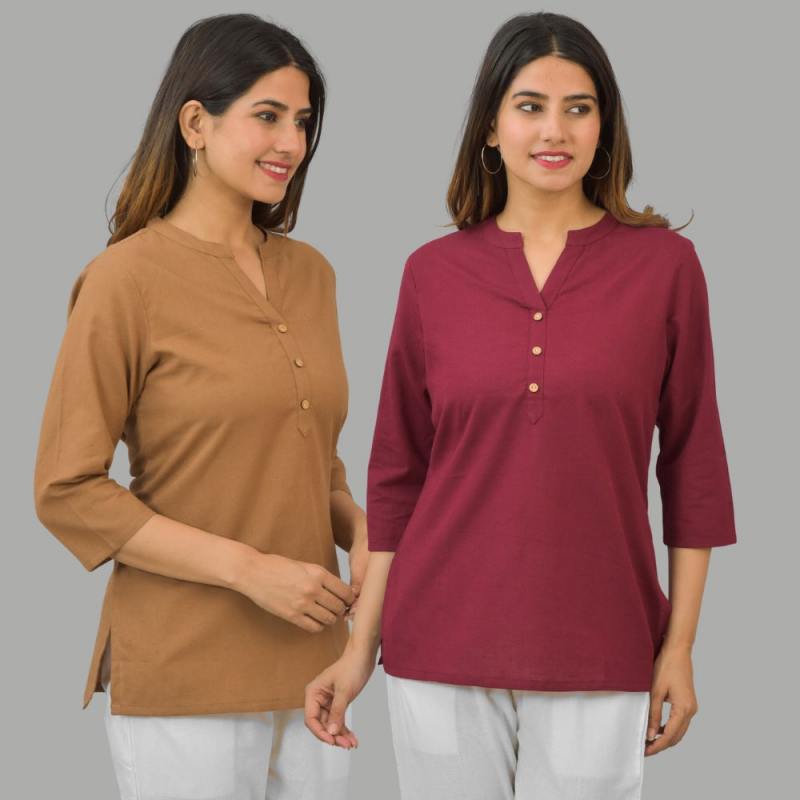 Combo of 2 Maroon and Brown Cotton Flax Women Top-10431