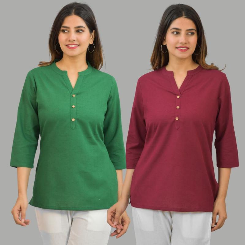 Combo of 2 Maroon and Green Cotton Flax Women Top-10413