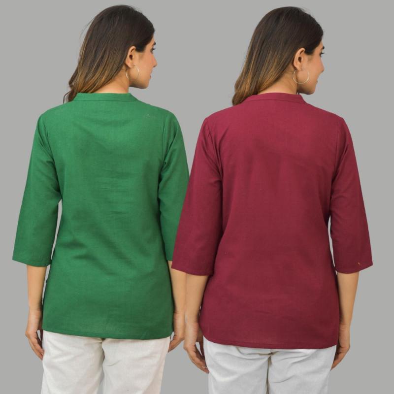 Combo of 2 Maroon and Green Cotton Flax Women Top-10413