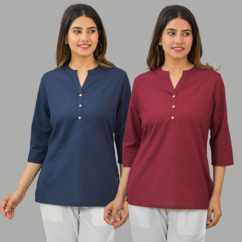 Combo of 2 Maroon and Navy Blue Cotton Flax Women Top-10420
