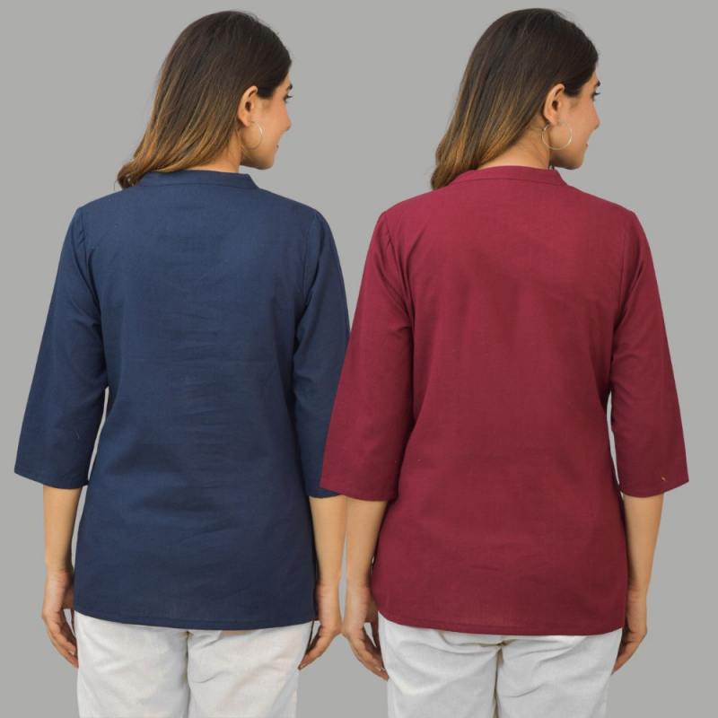 Combo of 2 Maroon and Navy Blue Cotton Flax Women Top-10420
