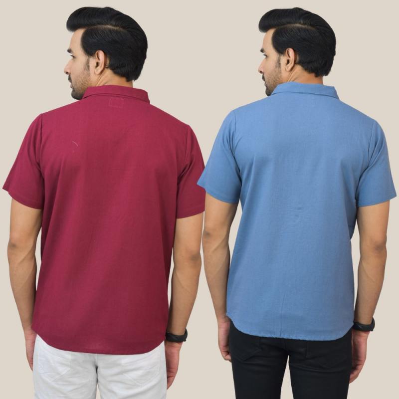 Maroon and Sky Blue Solid Cotton Men Shirt
