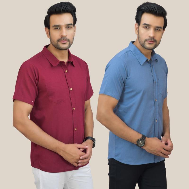 Maroon and Sky Blue Solid Cotton Men Shirt