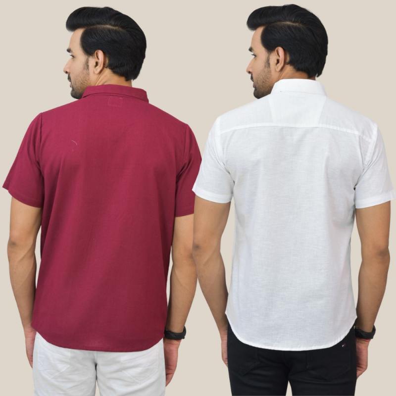 Maroon and White Solid Cotton Men Shirt
