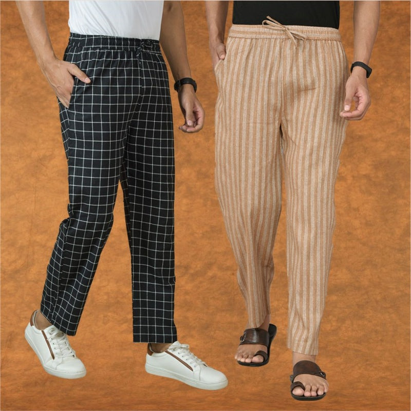 Combo of 2 Men Beige Black Cotton Handloom Stripe Pant-15092