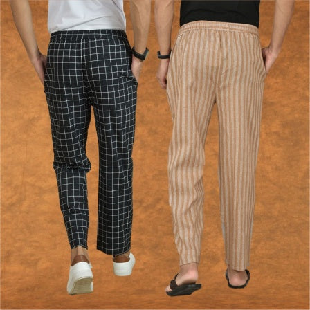 Combo of 2 Men Beige Black Cotton Handloom Stripe Pant-15092