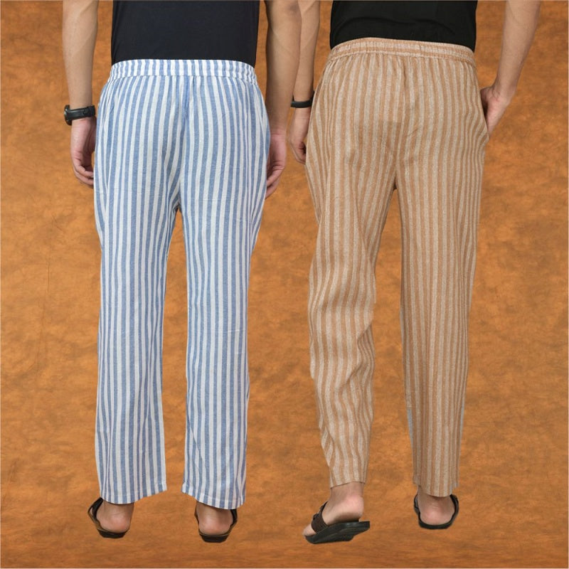 Combo of 2 Men Beige Blue Cotton Handloom Stripe Pant-15072