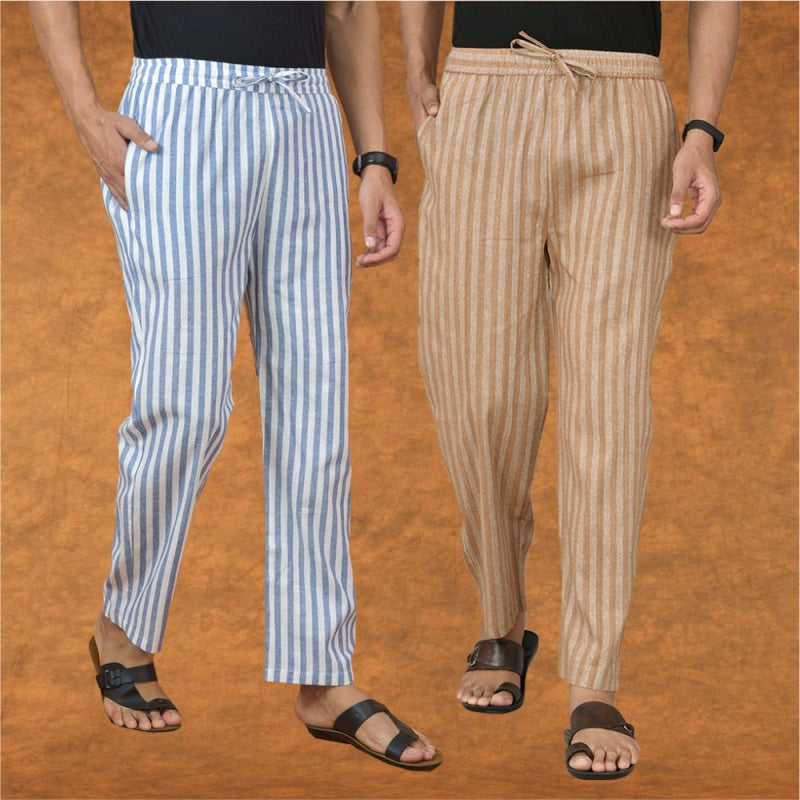 Combo of 2 Men Beige Blue Cotton Handloom Stripe Pant-15072